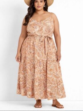 NEW Lane Bryant 22 Maxi Dress 100% Cotton Brown Orange Paisley Tiered Plus Size